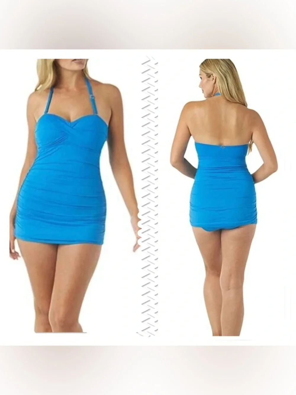 Jantzen Dive Blue Cascade Solid Bandeau Vamp One-Piece Swimsuit Size 12